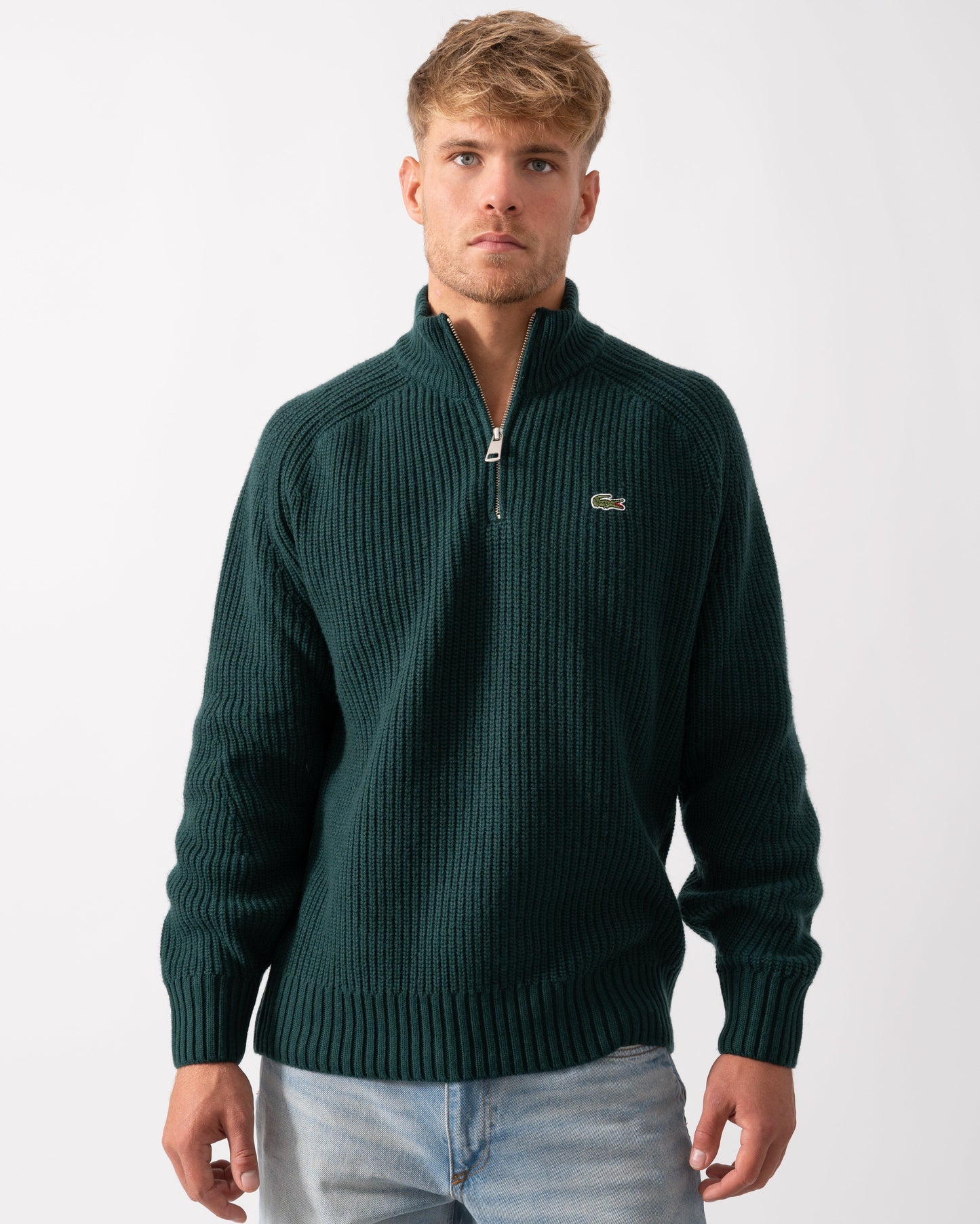 High Zip Neck Thick Rib Knit Mens Wool Sweater - Sinople YZP